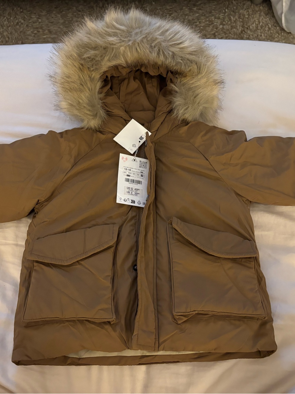 Zara Kids Puffer Jacket with Faux Fur Hood - Brown
